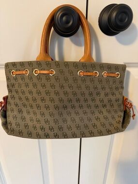 Dooney & Bourke Olive Signature Canvas Tote with Tan Leather Handles